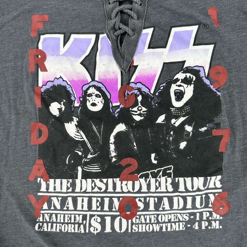 Distressed Heavy Metal Rock Band T-Shirt Women's M KISS Lace Up V-Neck Gray - Picture 5 of 7